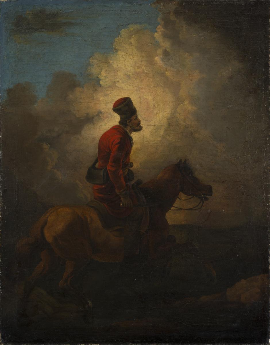 Aleksander Orłowski, sygnowany nieczytelnie (prawa strona u góry), Kozak na koniu, 1810 – 1820 r., olej , płótno, 91 cm x 72 cm