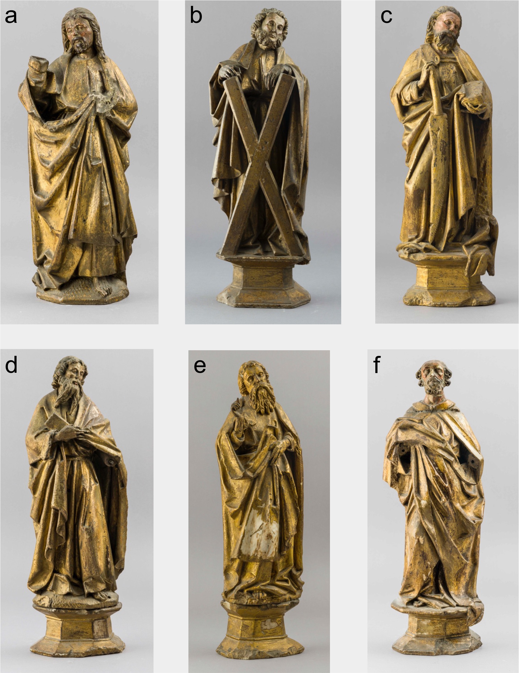 Figury z Klasztoru Ojców Dominikanów w Krakowie: a: figura Chrystusa; b: figura św. Andrzeja, c: figura św. Szymona; d: figura apostoła z księgą; e: figura błogosławiącego apostoła; f: figura apostoła z płaszczem przerzuconym przez ramię, fot. Daniel Podosek