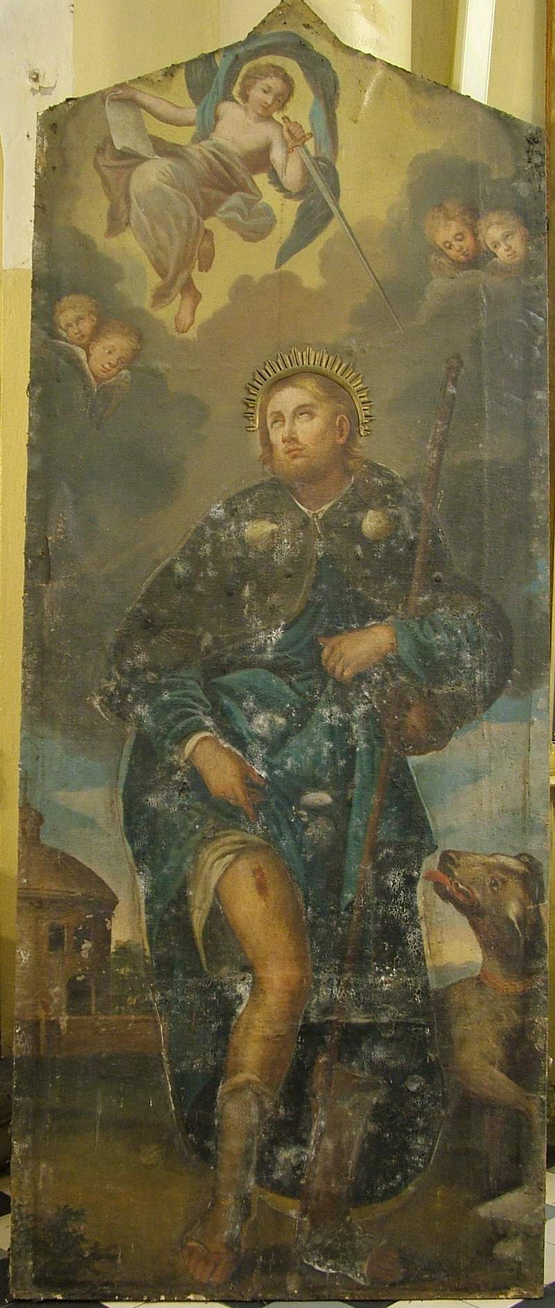 „Św. Roch” obraz olejny na płótnie naklejony na podłoże z desek, koniec XVIII w., przypisywany Franciszkowi Smuglewiczowi. Niesygnowany (?), ok. 85 cm x 215 cm.