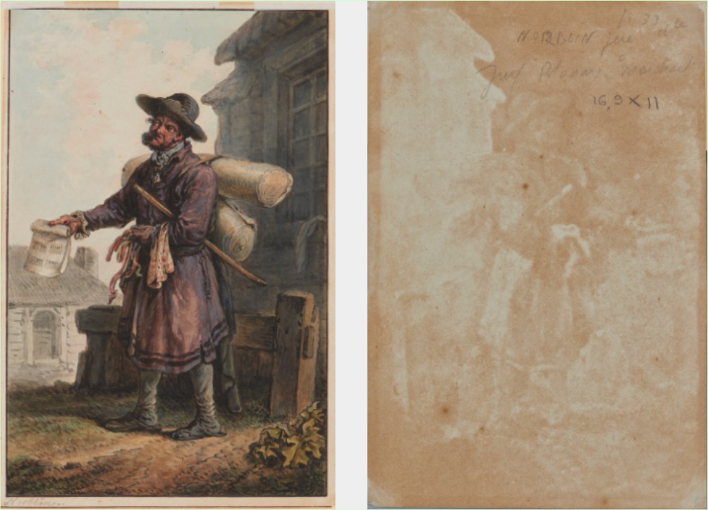 Jan Piotr Norblin, Żyd-domokrążca, gwasz, papier, 16,5x10,5 cm - lico; odwrocie