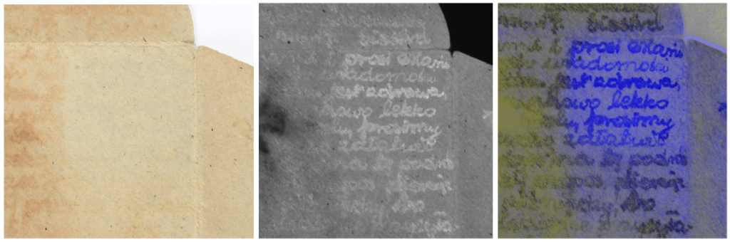 Fragment tajnopisu z KL Ravensbrück uczytelniony techniką MSI: (L) oryginał, (Ś) obraz fluorescencji oraz (P) obraz w barwach fałszywych, uzyskany z serii obrazów fluorescencji